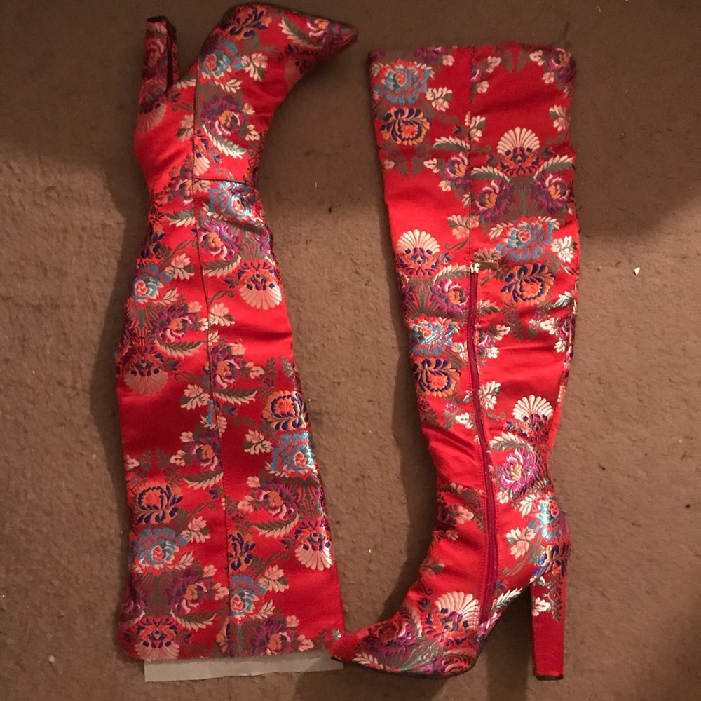 Red, Oriental style thigh high boots.